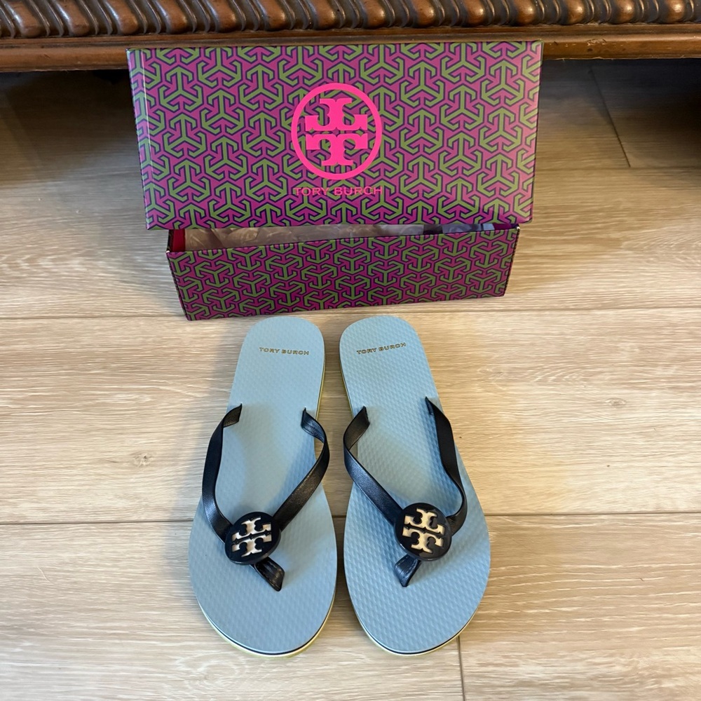 Tory Burch Minnie Flip Flop Napa Leather Black Blue White Shoe Sandal Slip on 7 - Picture 9 of 11